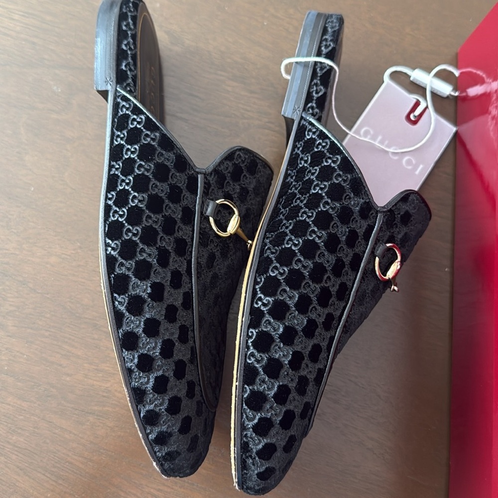Gucci Black Velvet Slip-On Mules with Gold Horsebit - Picture 3 of 6